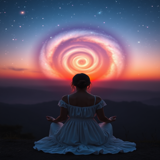 A silhouette of a woman in a white dress meditating on a hill, facing a glowing spiral galaxy at sunset, with vibrant colors in the sky, DSLR camera settings: ISO 100, f/2.8, 50mm lens, shot at twilight, using a wide-angle view for enhanced depth.