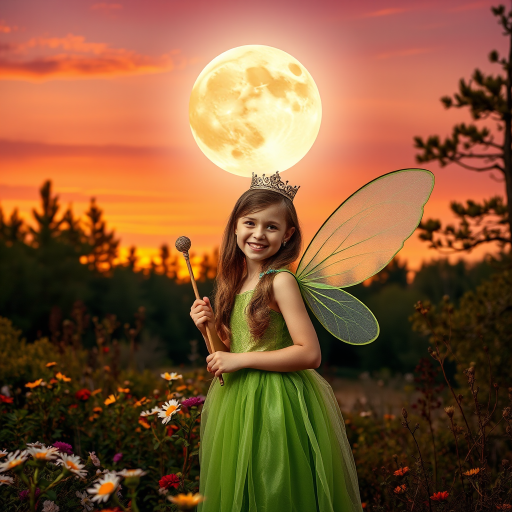 A vivid photo  taken under a bright camera flash of a fantastical scene set against a backdrop of a forest during sunset. The main subject is a girl dressed as a fairy, adorned with translucent wings and a green dress, holding a wand, her face is happy, and she wears a crown on her head. The forest behind her is a blend of flowers, shrubs and trees. The sky is painted in hues of orange and pink, with a large, glowing moon casting a warm glow over the scene. The overall color palette is dominated by earthy tones.