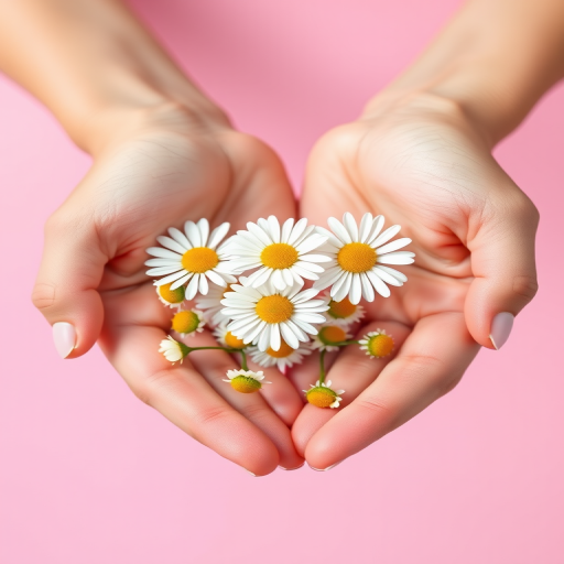 Close-up shot of two hands holding delicate white daisies against a soft pink background, using a DSLR camera with a 50mm lens, aperture f/2.8, ISO 100, natural light for soft shadows.