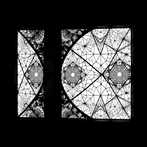Generate a high-quality black and white abstract image featuring intricate geometric patterns, taken with a Canon EOS R5, 50mm lens, f/1.8 aperture, ISO 100, 1/125s shutter speed, in a soft natural lighting setup, with a focus on sharp details and a shallow depth of field.