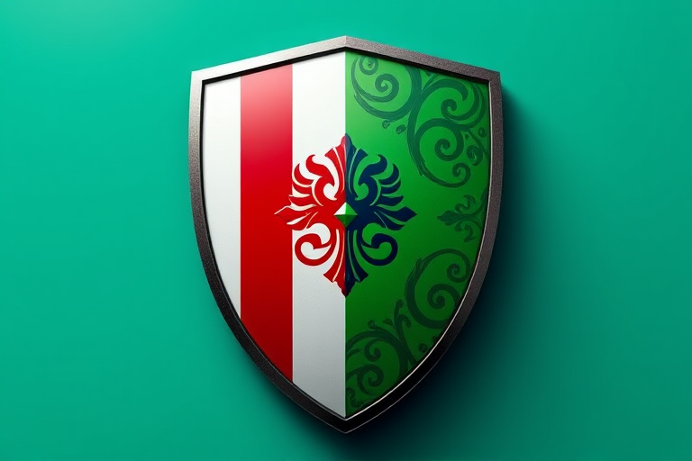 Create a high-resolution digital rendition of a shield featuring a design divided into three sections: the left section with alternating red and white, the middle with a stylized emblem, and the right section in green, incorporating intricate patterns; use a Canon EOS R5 camera with a 50mm lens at f/2.8, ISO 100, and 1/200s shutter speed, with a slight vignette effect, and a focus on vivid colors and textures.