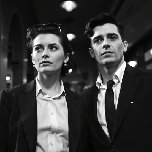 Black-and-white photograph, couple, tailored suits, retro hairstyles, film noir style, Tilt the camera for a dynamic Dutch angle using a versatile 24-70mm lens