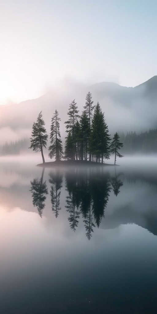 Soft-focus image of a serene mountain lake at dawn, soft mist rising from the water, with pine trees reflecting perfectly on the glassy surface.
