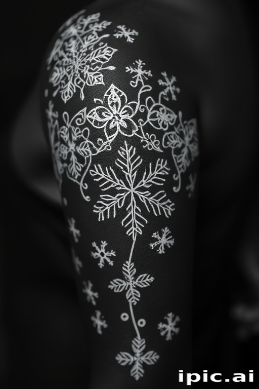 Mystical white ink tattoo on dark skin depicting intricate lace patterns and delicate snowflakes creating a subtle yet stunning contrast