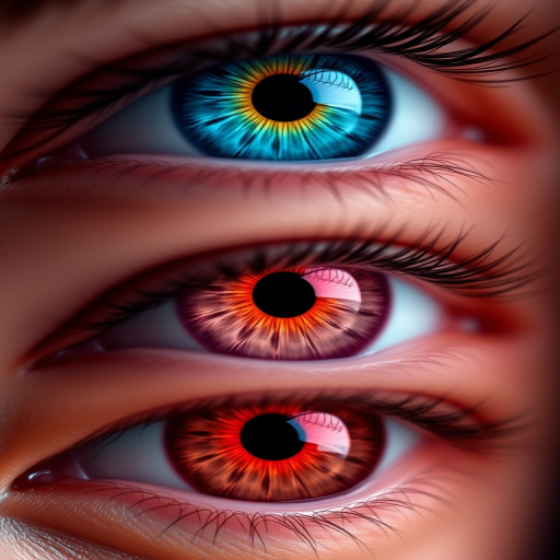 Create a high-resolution digital illustration of three vibrant, detailed human eyes in blue, pink, and red colors, with intricate iris patterns, using a macro lens perspective and a DSLR camera setting of f/2.8 aperture, ISO 100, and shutter speed of 1/200s for enhanced clarity and depth.
