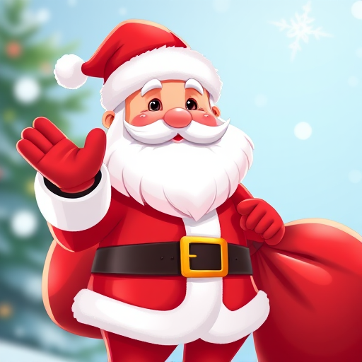 Create a vibrant and cheerful illustration of Santa Claus with a big red sack, smiling and waving, captured in 4K resolution, using a DSLR camera, aperture f/2.8, 24mm lens, and soft natural lighting for a cartoon-like quality.