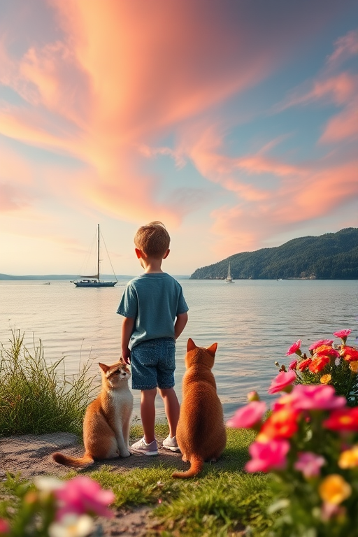 Create a serene landscape depicting a young boy standing by a lakeshore with two cats, surrounded by blooming flowers, while sailboats glide on the water under a vibrant sky, captured with a Canon EOS R5, 24mm f/1.4 lens, ISO 100, f/8, with a wide-angle view and soft focus for a dreamy effect.