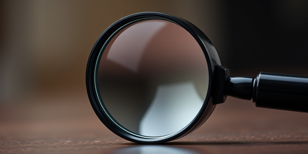 Create a high-resolution image of a magnifying glass with a reflective lens and a sleek black handle, using a DSLR camera, 50mm lens, aperture f/2.8, ISO 100, natural light, and a shallow depth of field for a professional look.
