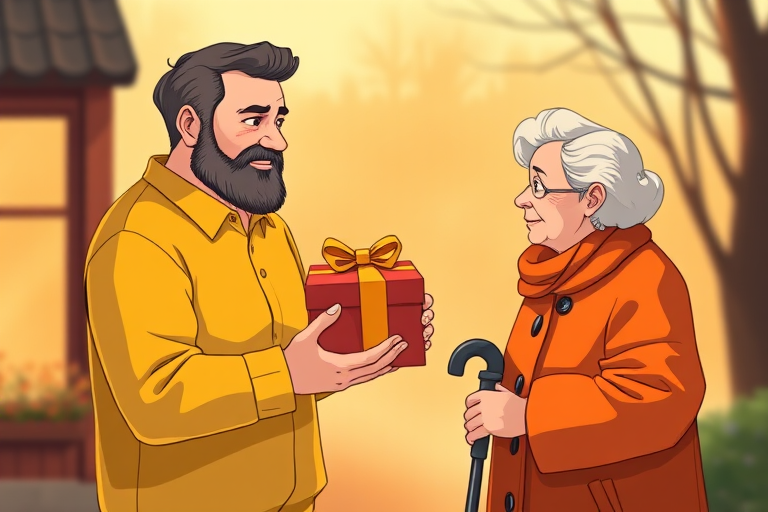 Create an illustration of a man giving a gift box to an elderly woman, the man has a beard and is wearing a yellow shirt, the woman is using a cane and wearing an orange coat, the scene conveys warmth and kindness, use a high-resolution digital art style, set camera settings to f/8, ISO 100, and 50mm lens, capture a frontal view, and apply soft lighting for a warm atmosphere.