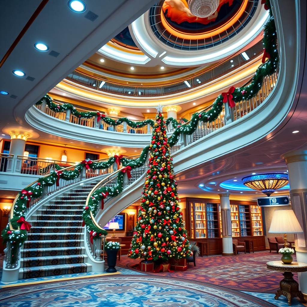 Create a vibrant image of a luxurious cruise ship interior during Christmas, featuring a grand staircase adorned with festive decorations, a tall Christmas tree, warmly lit ambient lighting, taken with a Canon EOS R5 at f/4, ISO 800, 1/60 sec, with a wide-angle lens to capture the entire scene.