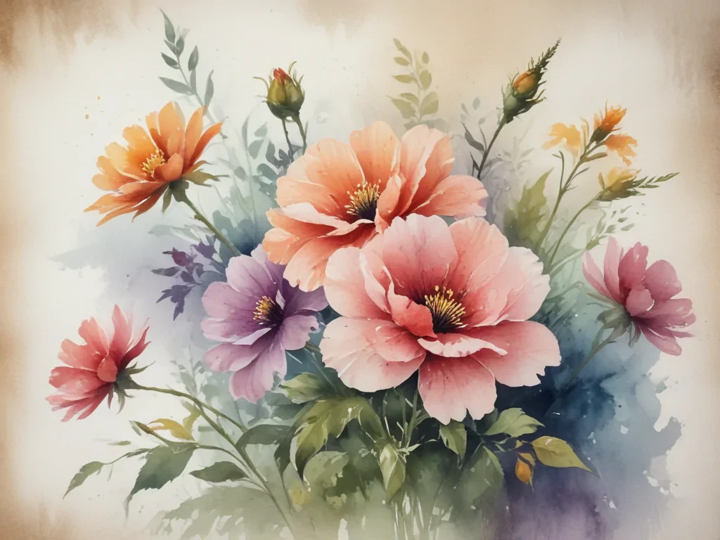 Vibrant Watercolor Bouquet of Colorful Flowers Blooming in a Garden