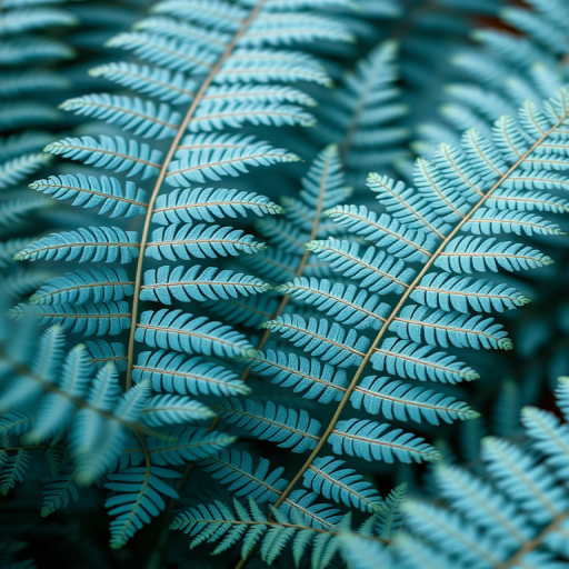 Create an image of realistic ferns with intricate details and a soft blue color, captured with a DSLR camera at f/2.8 aperture, 50mm lens, ISO 100, in natural light, using a macro style to enhance image quality.
