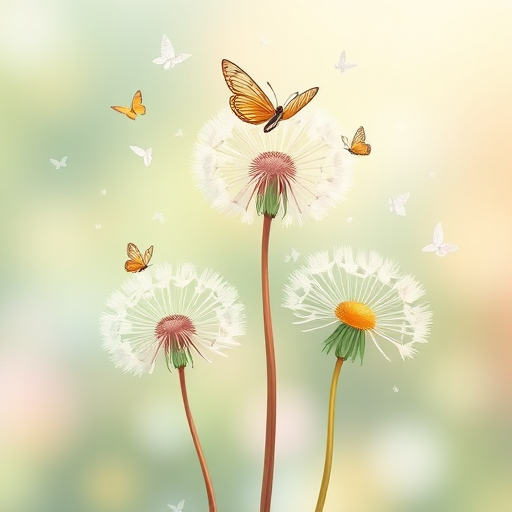 Create an illustration of three dandelion flowers in pastel colors, with delicate butterflies fluttering around, use a soft focus lens, capture from a low angle, use a digital drawing style, set resolution to 300 DPI for high quality.