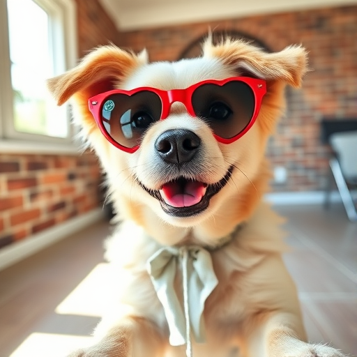 A cute dog wearing heart-shaped sunglasses posing for a selfie in a sunlit room with a brick wall background and a tiled floor. The dog has a fluffy coat and a playful expression.