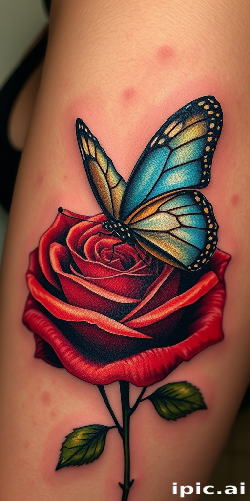 Realistic 3D tattoo titled "Hyperrealism Illusion" depicting a lifelike butterfly perched on a photorealistic rose, with incredible depth and shadow details that make it appear to come alive on the skin