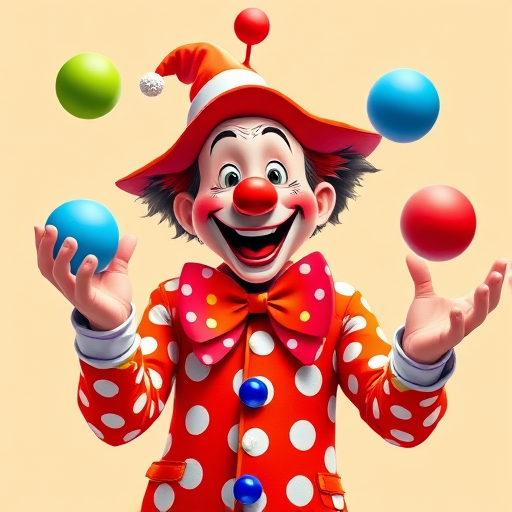 Create a vibrant digital illustration of a jolly clown juggling colorful balls, wearing a polka-dot costume and a large bow tie, set against a bright background, captured with a 50mm lens at f/2.8, ISO 100, and natural light for clarity.