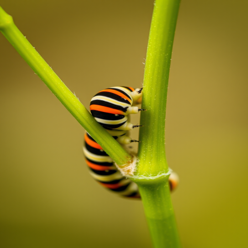 macro photograph of a vibrant striped caterpillar on a green plant stem, shallow depth of field, natural light, f/2.8 aperture, ISO 200, 100mm macro lens, captured from eye level for detailed texture and color contrast.