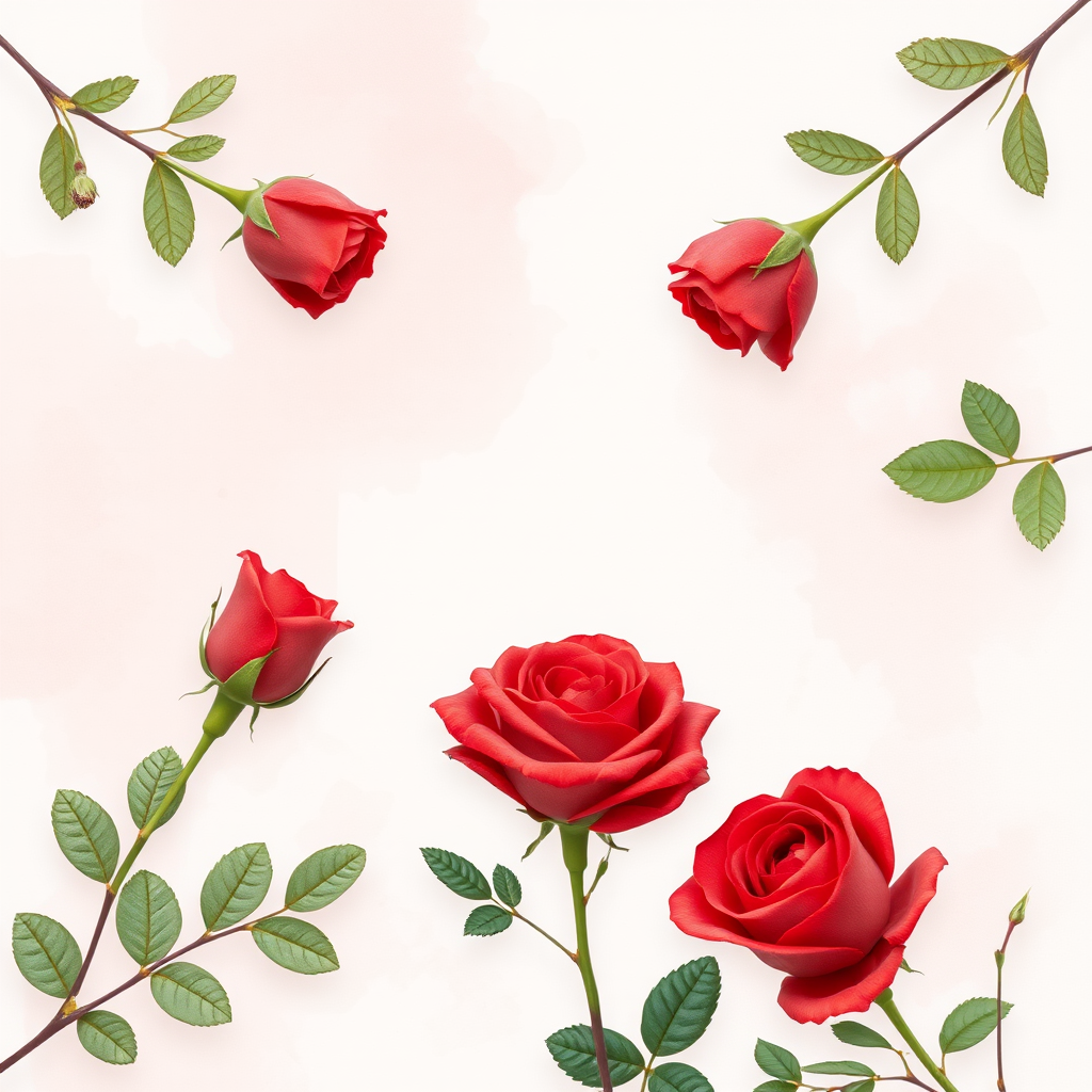 Create a soft watercolor background with delicate red roses and green leaves in the corners, using a Canon EOS R with a 50mm f/1.8 lens at f/2.8, ISO 100, and a shallow depth of field to enhance softness and color vibrancy.