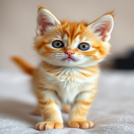 Create an image of a small orange kitten with big expressive eyes standing upright on a soft surface looking curiously at the viewer