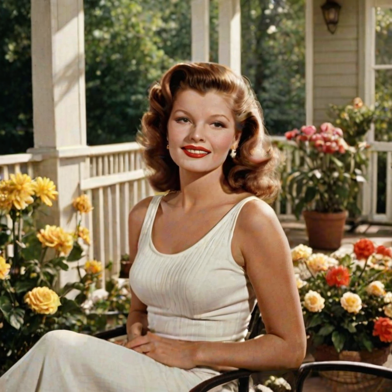 A photo of Rita Hayworth with a background of a cozy porch. She has dark hair pulled back in an updo, with tendrils framing her face. She wears a white tank top and sits on the porch. The porch is part of a well-lit home with a warm, earthy tone and colorful flowers and foliage. The overall scene has a warm, welcoming, and comfortable ambiance.