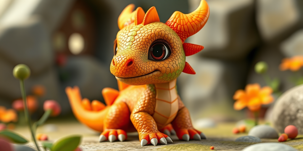 Create a highly detailed 3D render of a cute dragon-like creature with textured scales, vibrant orange and green colors, sitting in a whimsical setting, captured with a Canon EOS R5, 85mm lens, f/1.8 aperture, ISO 100, and soft natural lighting.