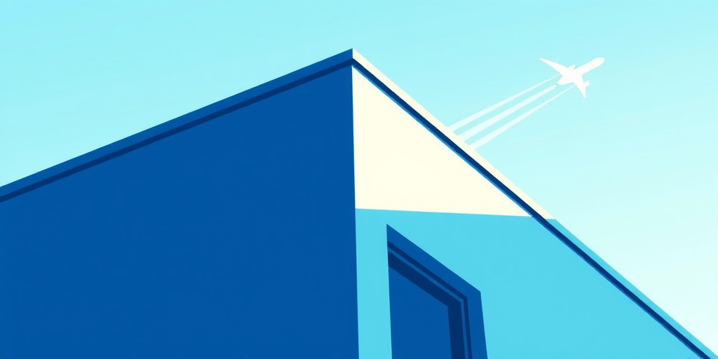 Create a minimalistic illustration of a building corner with a clear blue sky, an airplane contrail in the background, using a digital art style, shot from a low angle perspective, with vibrant colors and sharp lines, emulating the look of a high-resolution vector graphic. Camera settings: ISO 100, aperture f/8, shutter speed 1/250s, using a digital camera with a 24mm lens.