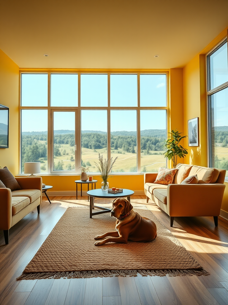 interior room with yellow walls, cozy furniture, a dog lying on a rug, large windows showing a green landscape outside, bright lighting, soft shadows, use a Canon EOS 5D Mark IV, ISO 100, aperture f/4, shutter speed 1/125s, wide-angle view, modern photographic style, high resolution