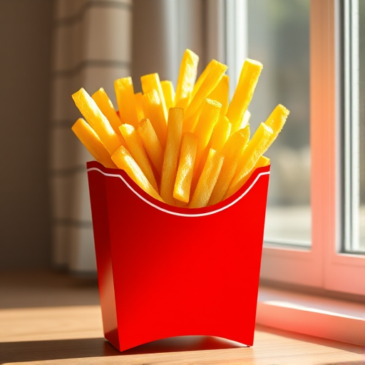Create a vibrant, high-resolution illustration of a box of French fries with a bright red container and golden fries, using a Canon EOS R camera, 50mm lens, f/1.8 aperture, ISO 100, and soft natural lighting from a window for a clean studio look.