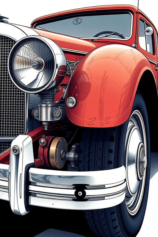 create a detailed illustration of a vintage car with a focus on intricate mechanical parts and artistic lines, use a high-resolution digital camera with settings at 50mm lens, f/8 aperture, ISO 100, shoot from a low angle to emphasize the vehicle's classic features and textures, use a soft focus background for depth and clarity.