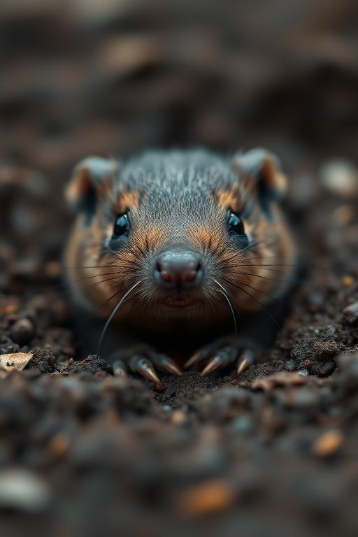 close-up of a mole emerging from the soil, with detailed focus on its small claws and whiskers, soft diffused lighting, shallow depth of field, 50mm lens, aperture f/1.8, ISO 200, macro photography style, DSLR camera