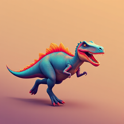 regenerate an illustration of a dinosaur in a dynamic running pose, vibrant colors with a smooth texture, set against a simple gradient background, with a high-resolution 4K quality, use a Canon EOS R5 camera, 50mm lens, f/1.8 aperture, ISO 100, focus on bright and rich colors to enhance visibility and depth
