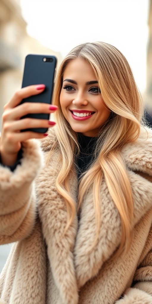 Capture a stylish woman with long blonde hair in a fluffy beige fur coat, smiling while taking a selfie with her smartphone, soft focus background, natural light, aperture f/2.8, shutter speed 1/300s, ISO 200, 50mm lens, portrait orientation.