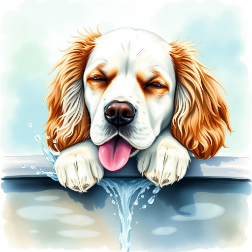Watercolor ink illustration, A digitally created artwork of a Cocker Spaniel dog leaning on a water fountain, eyes closed, tongue out as if lapping water. The white dog has brown and cream patches, especially on its ears and face. Water splashes around it with detailed droplets. The background features a soft blue-green gradient, suggesting a sunny day. The style is realistic, focusing on the texture of fur and water for a lifelike, vibrant feel.