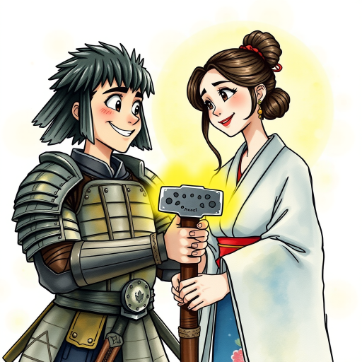 A watercolor and ink-painted, detailed line drawing of a young samurai in armor with black hair, clean-shaven, big eyes, and a large smile, standing next to a beautiful woman in a kimono. Both are holding the shaft of a warhammer together, with the head of the warhammer now adjusted to the proper size. They are the same height and look at each other with affection. The samurai is glowing with a yellowish aura, radiating warmth. The scene has a whimsical, adventurous feel in a Disney-Pixar aesthetic, with soft watercolor tones, intricate ink details, and a magical, cinematic atmosphere