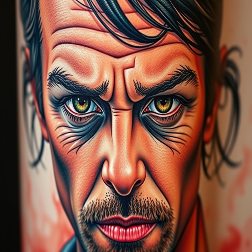 Hyper-realistic color portrait tattoo called "Living Canvas" capturing every nuance and detail of a subject's face with stunning accuracy, utilizing a wide range of colors and shading techniques, renowned for its lifelike quality