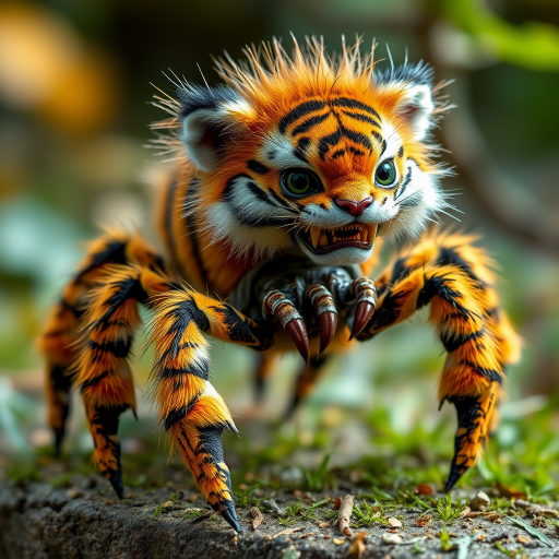 This charming yet frightening Spider Tiger features six legs, a hairy, furry body, and a cat-like tiger physique combined with an insectoid tiger head and tiger legs. The furry head further adds to the creature's unique appearance, creating a captivating blend of cuteness and fear that makes this six-legged, furry, insect-inspired tiger both adorable and scary.