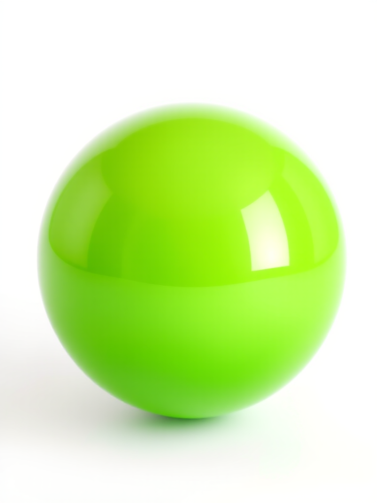 Create a highly detailed 3D render of a shiny green sphere against a white background, using a Canon EOS R5 with a 50mm f/1.2 lens, aperture set to f/8, ISO 100, and a soft focus effect for depth.