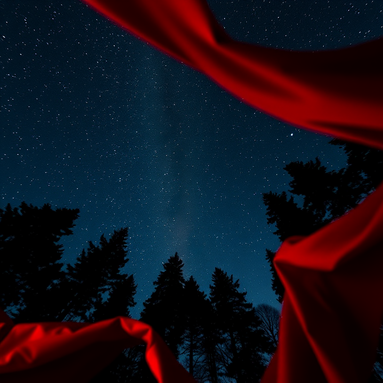 Create an image of a starry night sky with dark silhouette pine trees in the background, with red flowing fabric in the foreground, using a DSLR camera, 24mm lens, aperture f/2.8, ISO 800, long exposure 10 seconds, shot from a low angle for depth effect.