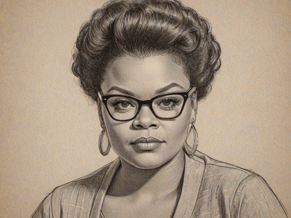 Pleasing Yvette Nicole Brown, pencil sketch, portrait of Lovely woman 1957s in glasses, hair style beatnik, outline, clear lines, fine lines, 8k