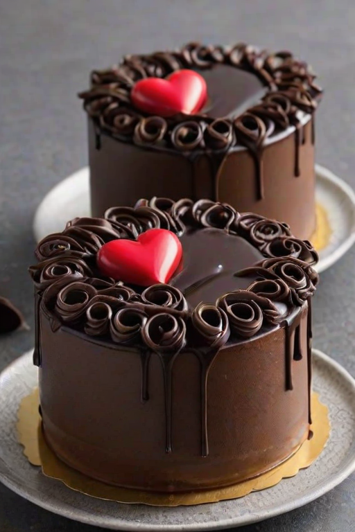 Create an image of two small chocolate cakes with a glossy dark chocolate ganache topping. Each cake is adorned with chocolate curls and a small heart-shaped decoration on top. The cakes are surrounded by chocolate shavings and placed on a textured gray surface. The overall presentation should be elegant and appealing, showcasing the rich textures and deep colors of the chocolate.