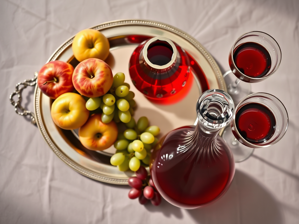 A still life composition featuring a silver platter with assorted apples and grapes, a crystal decanter filled with red liquid, and two elegant stemmed glasses, captured using a DSLR camera, 50mm lens, f/1.8 aperture, ISO 100, natural lighting, top-down view for enhanced detail and vibrancy.