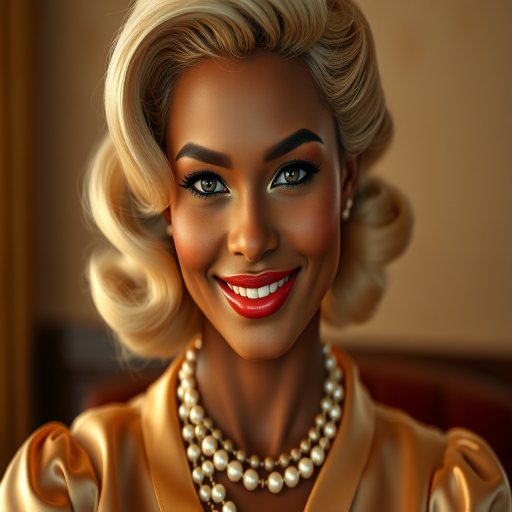 A beautiful Garifuna woman reminiscent of 1950s Hollywood glamour, with perfectly styled blonde hair and a seductive smile, dressed in a satin blouse and adorned with pearls, soft and warm tones, photorealistic, 8K