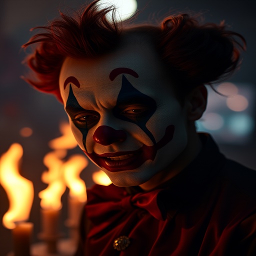 Create a cinematic portrait of a character with dramatic clown makeup, captured in low-light conditions with a shallow depth of field, using a 50mm lens at f/1.8, ISO 100, and a shutter speed of 1/125s in a moody setting with flickering flames in the background.