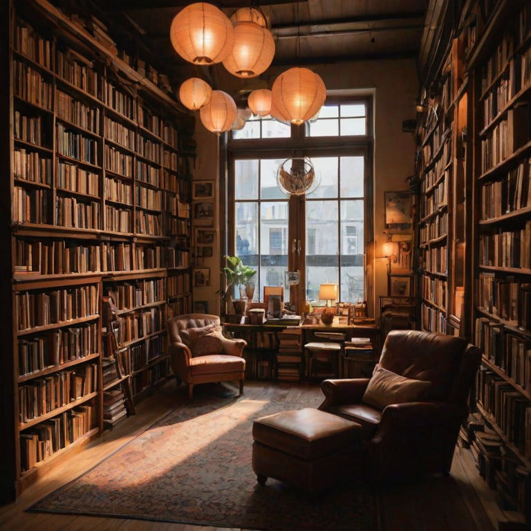 Warmly lit photo of a cozy bookstore interior, stacks of books towering high, with a soft glow from hanging lanterns and a cat curled up in an armchair in the corner.