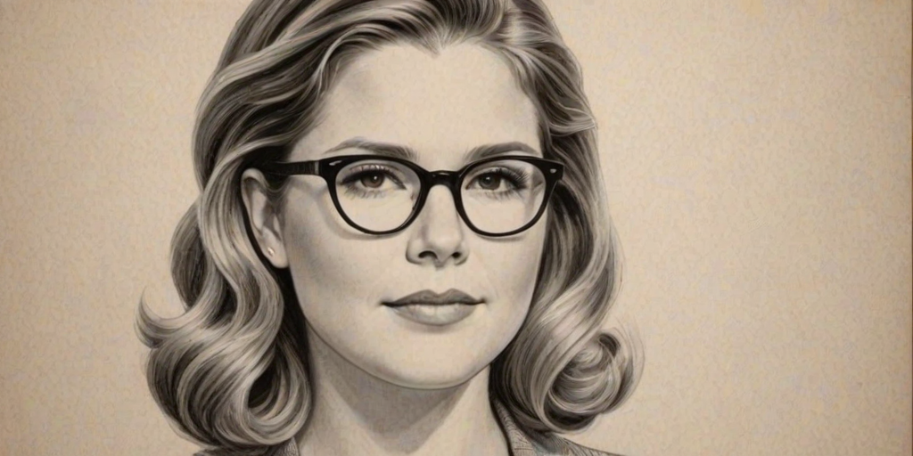 Fetching Jenna Bush Hager, pencil sketch, portrait of Lovely woman 1941s in glasses, hair style beatnik, outline, clear lines, fine lines, 8k