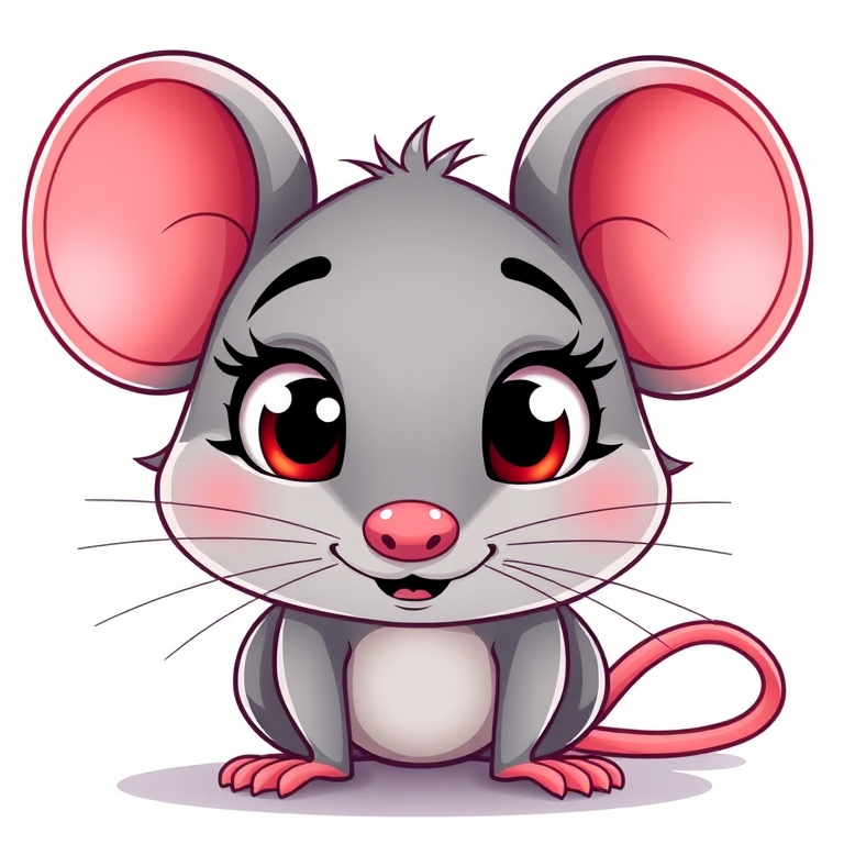 Create a vibrant cartoon image of a cute gray mouse with pink curly ears, large expressive eyes, and a small nose, using a digital art style with a bright color palette, camera settings at ISO 100, f/8 aperture, 50mm lens, and a focus on soft lighting for a cheerful effect.
