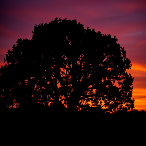 Generate a high-contrast silhouette of a tree at sunset with vibrant orange and purple hues in the sky, using a Canon EOS R5, 35mm lens, f/2.8 aperture, ISO 100, and a focal length of 35mm for clear depth of field.