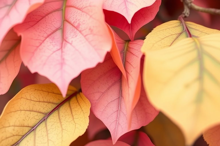 Generate a digital illustration of abstract leaves with pastel colors and geometric shapes, featuring a close-up view with a soft focus effect, using a DSLR camera at f/4 aperture, ISO 100, with natural lighting for enhanced vibrancy.