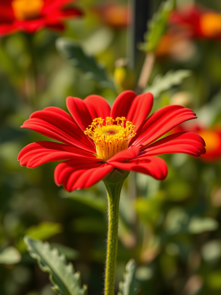 Generate a vibrant illustration of a red flower with a yellow center, featuring a green stem and leaves, captured with a DSLR camera, using a f/2.8 aperture, 50mm lens, at a 100 ISO setting, in bright natural lighting for enhanced color contrast and clarity.