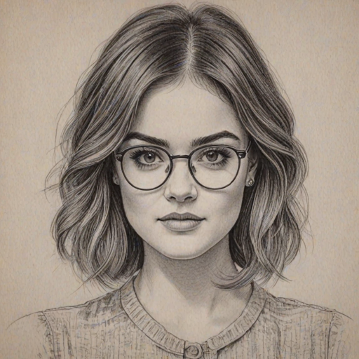 Magnificent Lucy Hale, pencil sketch, portrait of Beauteous woman 1976s in glasses, hair style beatnik, outline, clear lines, fine lines, 8k